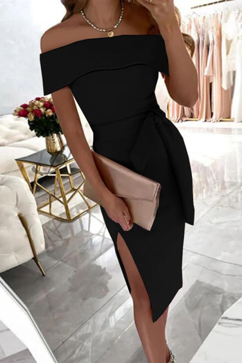 Fashion Solid Patchwork Off the Shoulder One Step Skirt Dresses