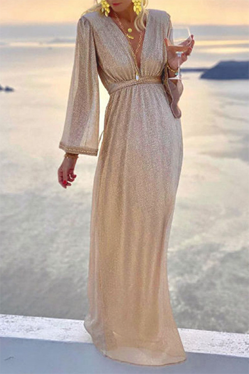 Fashion Elegant Solid Patchwork Fold V Neck Evening Dress Dresses(3 Colors)