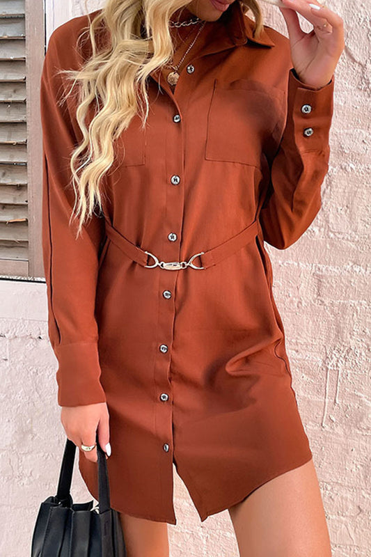 College Solid Frenulum Buckle Shirt Dress Dresses