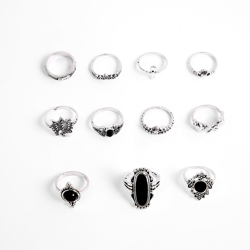 Black Gem Elephant Lotus Crown Cross 11 Piece Ring Set