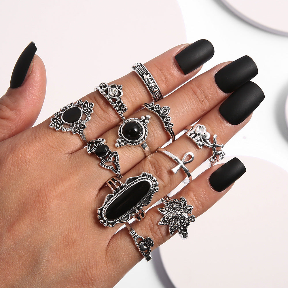 Black Gem Elephant Lotus Crown Cross 11 Piece Ring Set