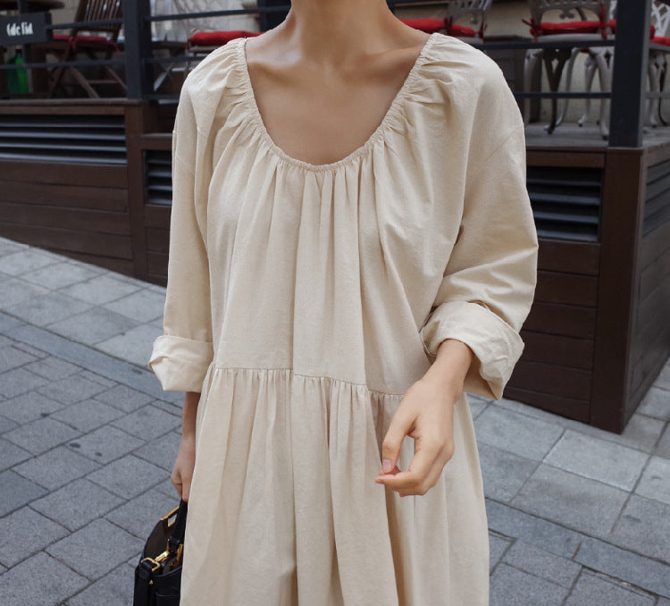 Women Summer Cotton Dresses 3/4 Sleeves Dress V-neck Long Maxi Dress