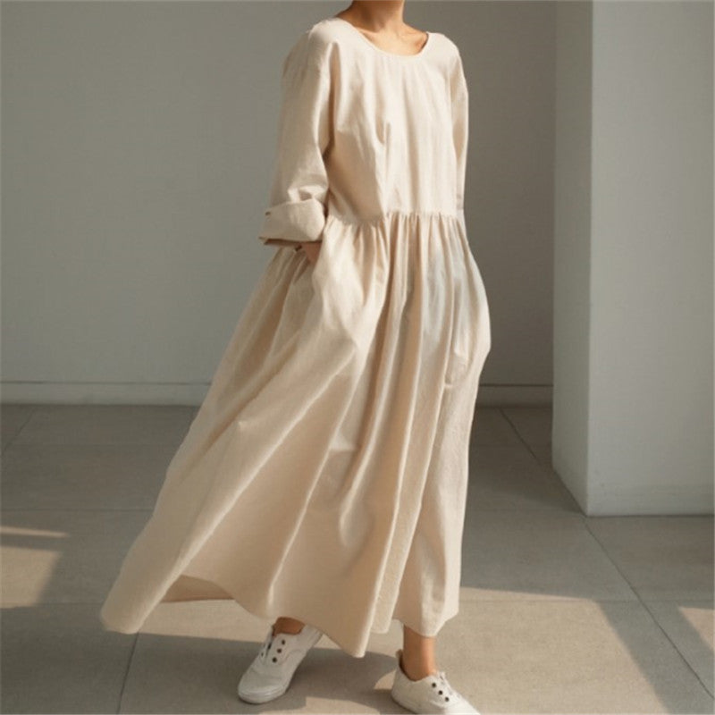 Women Summer Cotton Dresses 3/4 Sleeves Dress V-neck Long Maxi Dress