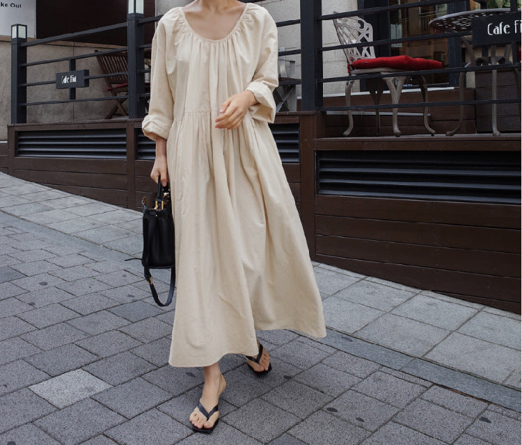 Women Summer Cotton Dresses 3/4 Sleeves Dress V-neck Long Maxi Dress