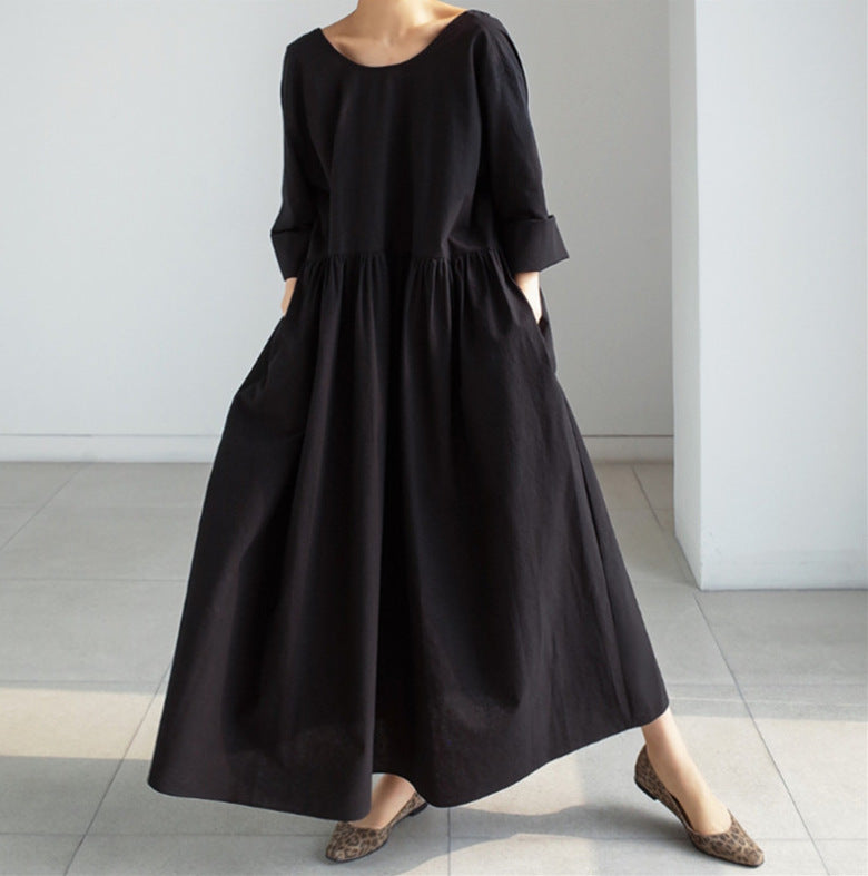 Women Summer Cotton Dresses 3/4 Sleeves Dress V-neck Long Maxi Dress