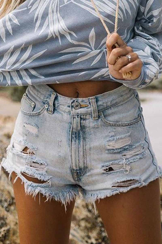 High Waist Ripped Fringed Denim Shorts