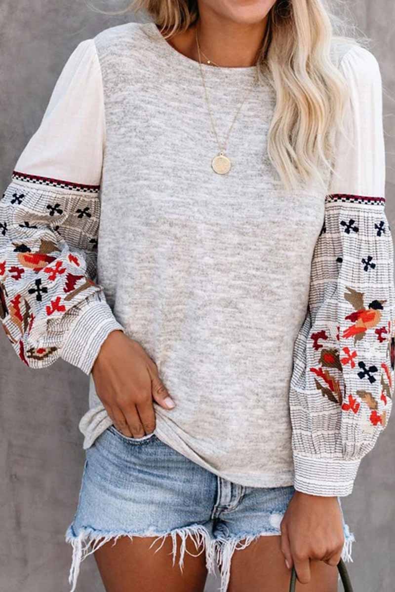 Round Neck And Long Sleeves Embroidery Contrast Color Tops