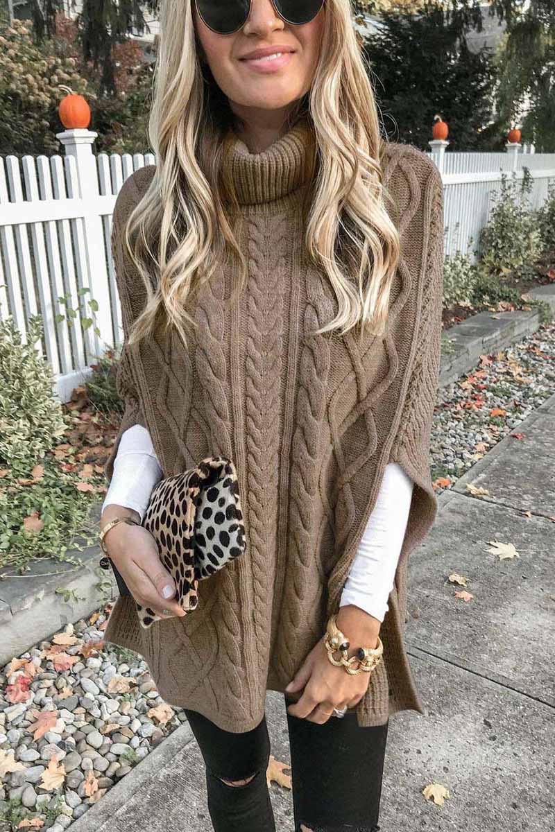 High Neck Loose Cable Knit Pattern Stitching Sweater(7 Colors)