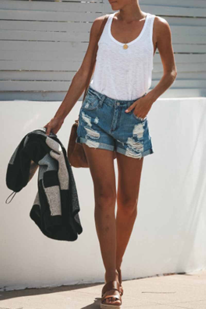 Fashion Street Ripped Denim Straight Shorts