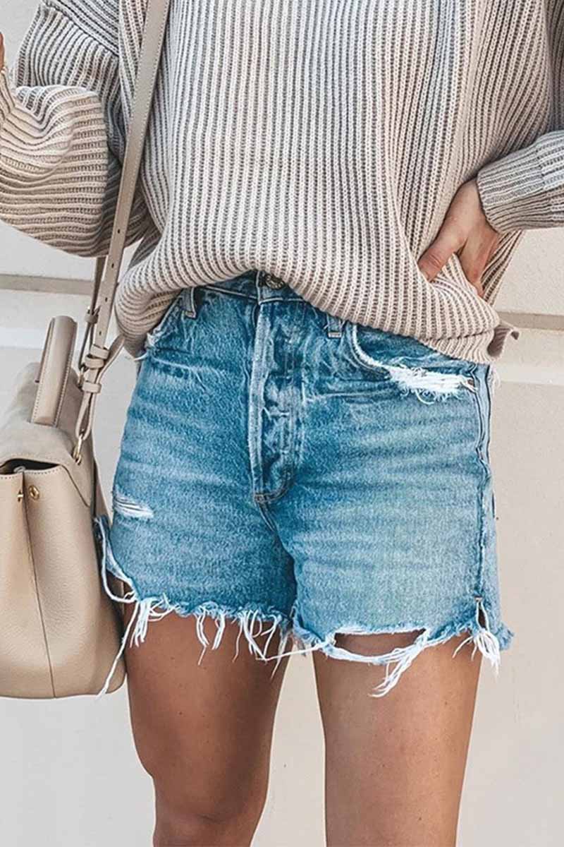 Summer Loose Button Ripped Fringed Denim Shorts