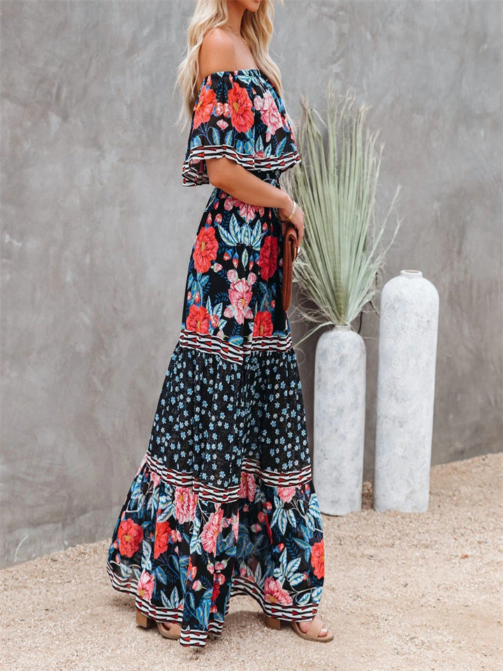 Summer New Off Shoulder Print Long Swing Dress Black Dresses