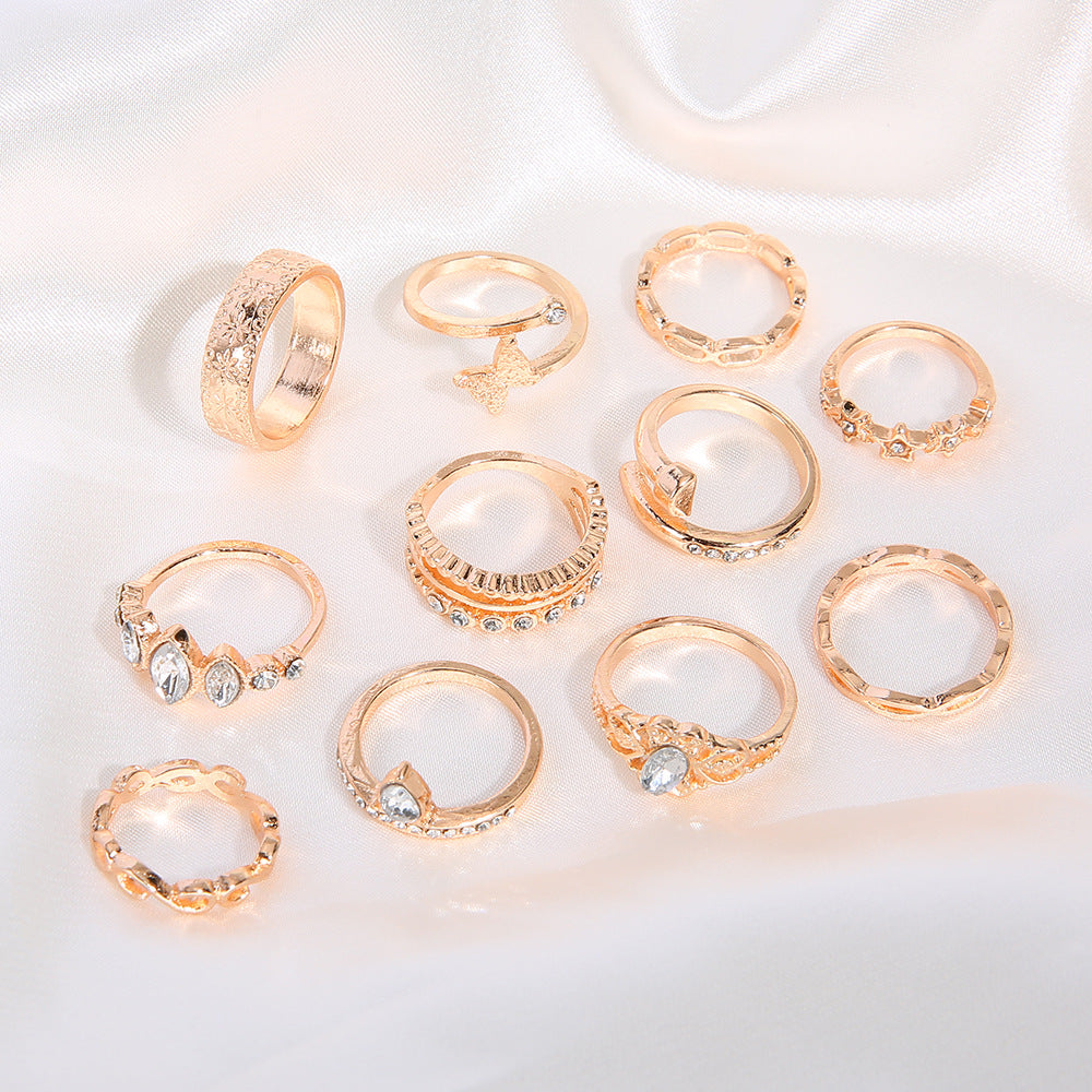 Wind Butterfly Nail Ring With Diamond Petal Shaped Star Ring 11 Piece Set