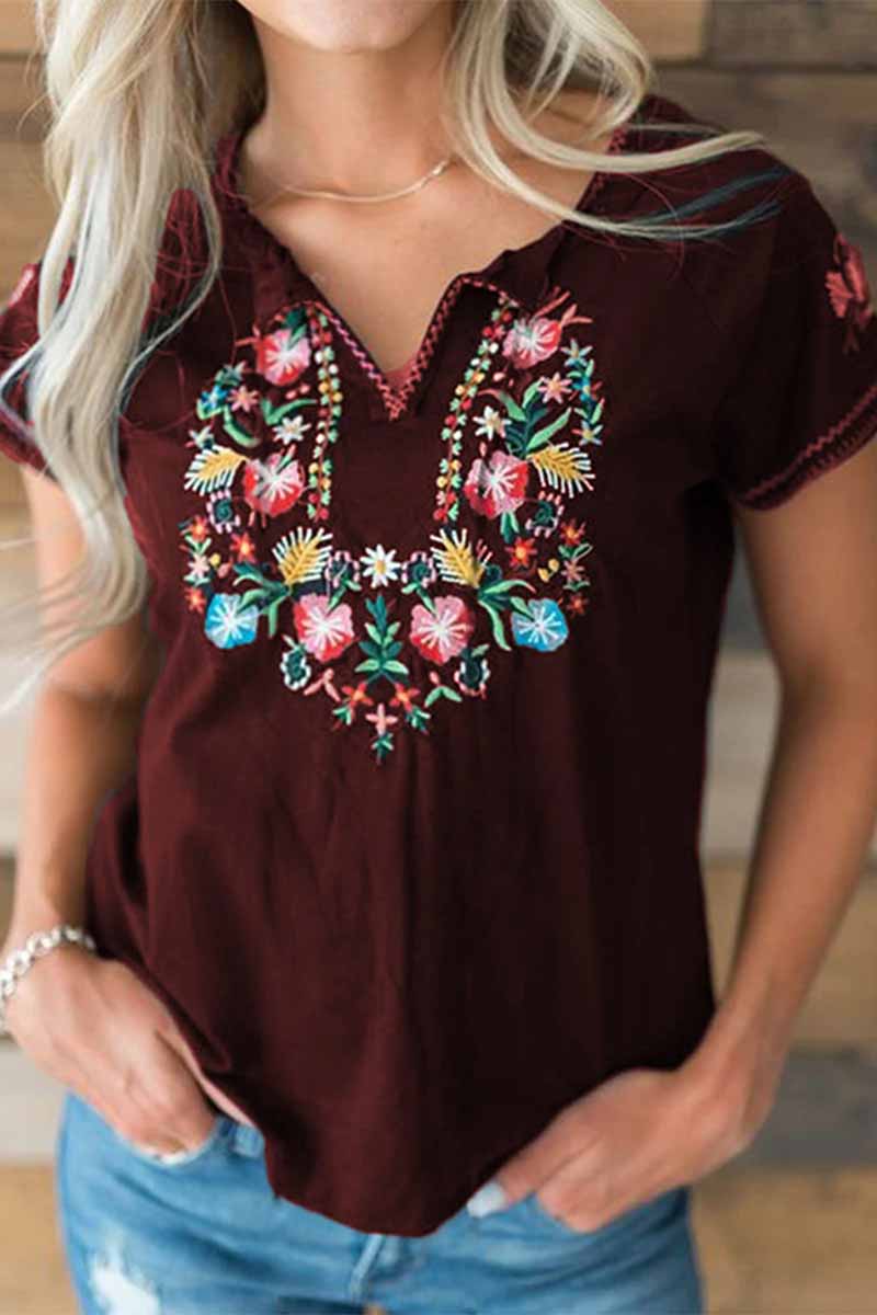 Spring And Summer Retro Embroidery Short Sleeves Tops