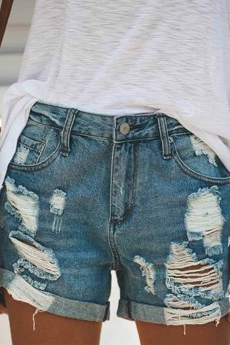 Fashion Street Ripped Denim Straight Shorts