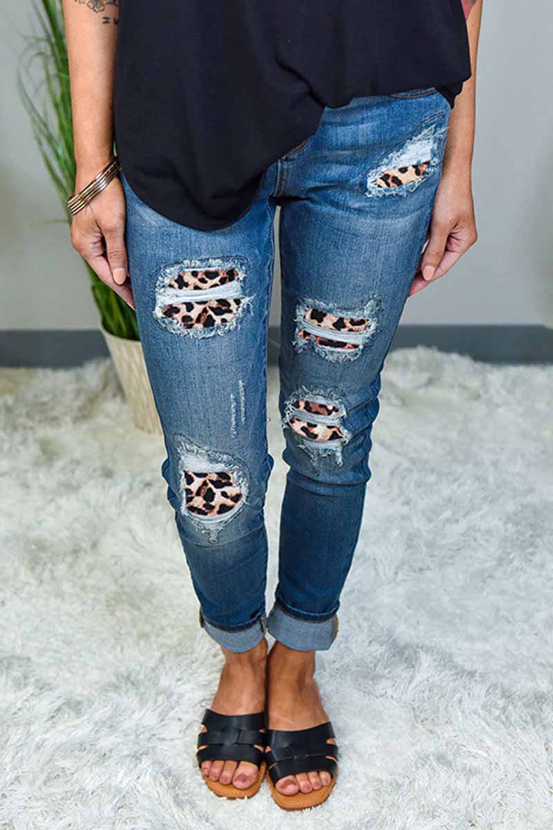 Printed Hole Washed  White Jeans