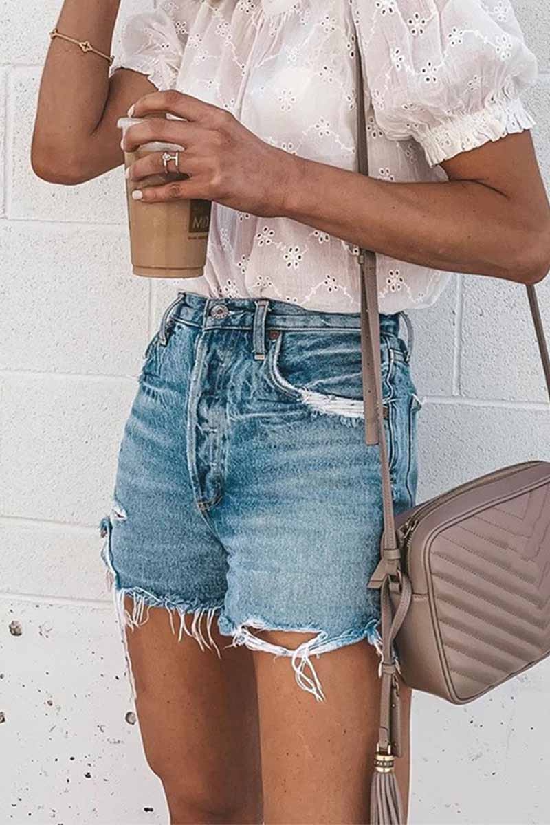 Summer Loose Button Ripped Fringed Denim Shorts