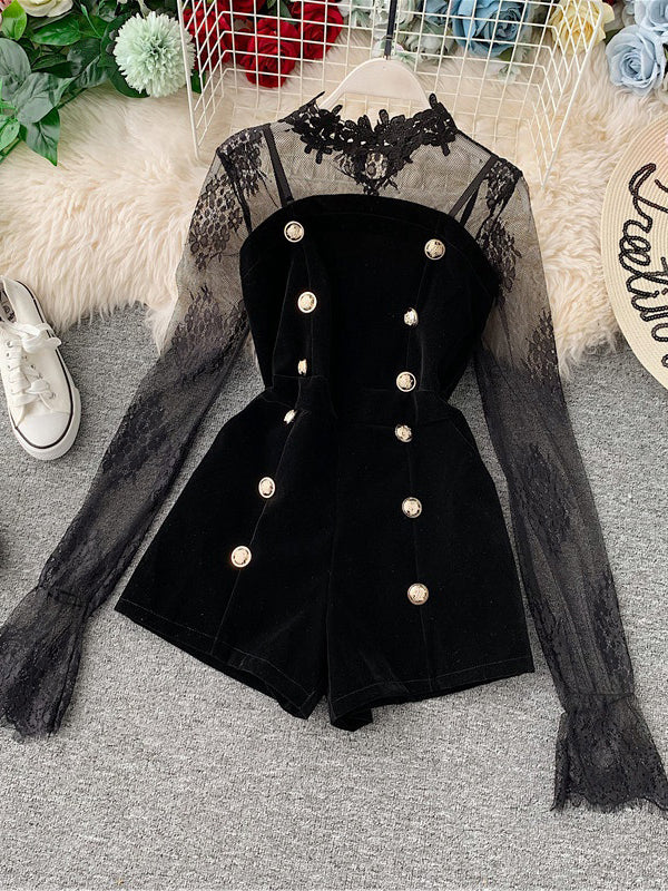 Mesh Top Velvet Romper Set