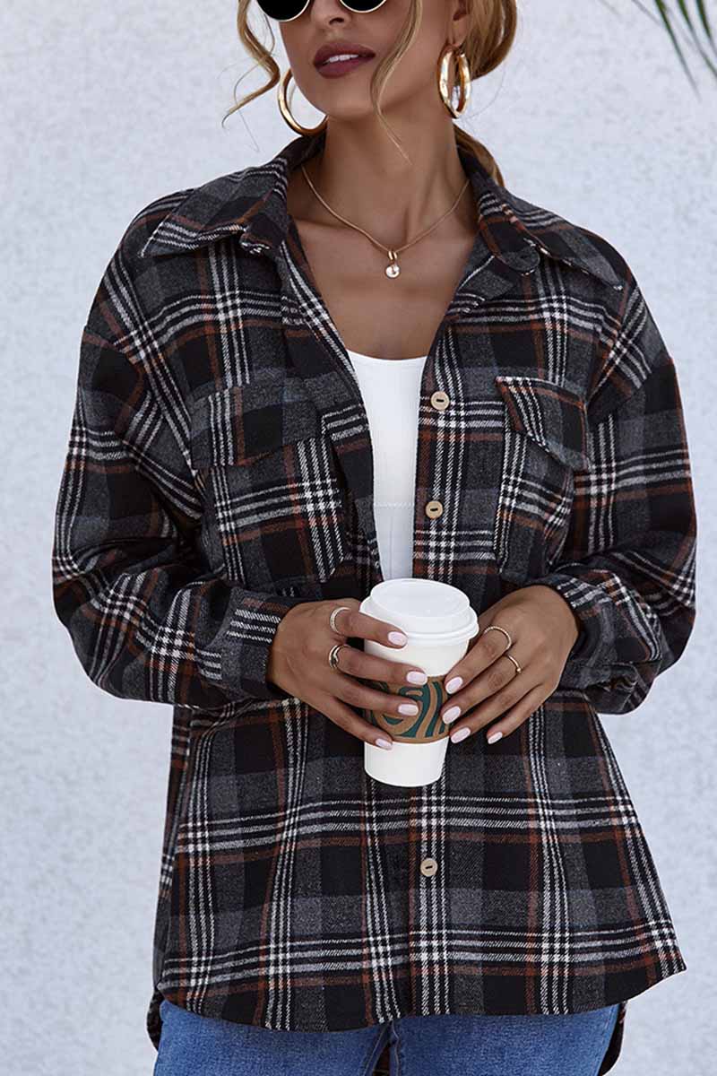 Lapel Long Sleeve Single Breasted Plaid Tops