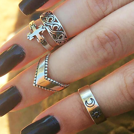 Creative Combination Ring Set Cross Moon Sun Four-Piece Ring