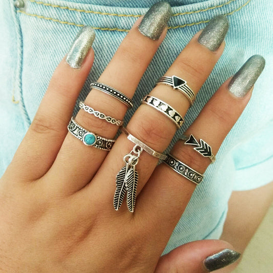 Bohemian Folk Leaf Ring Eight-Piece Hand Set