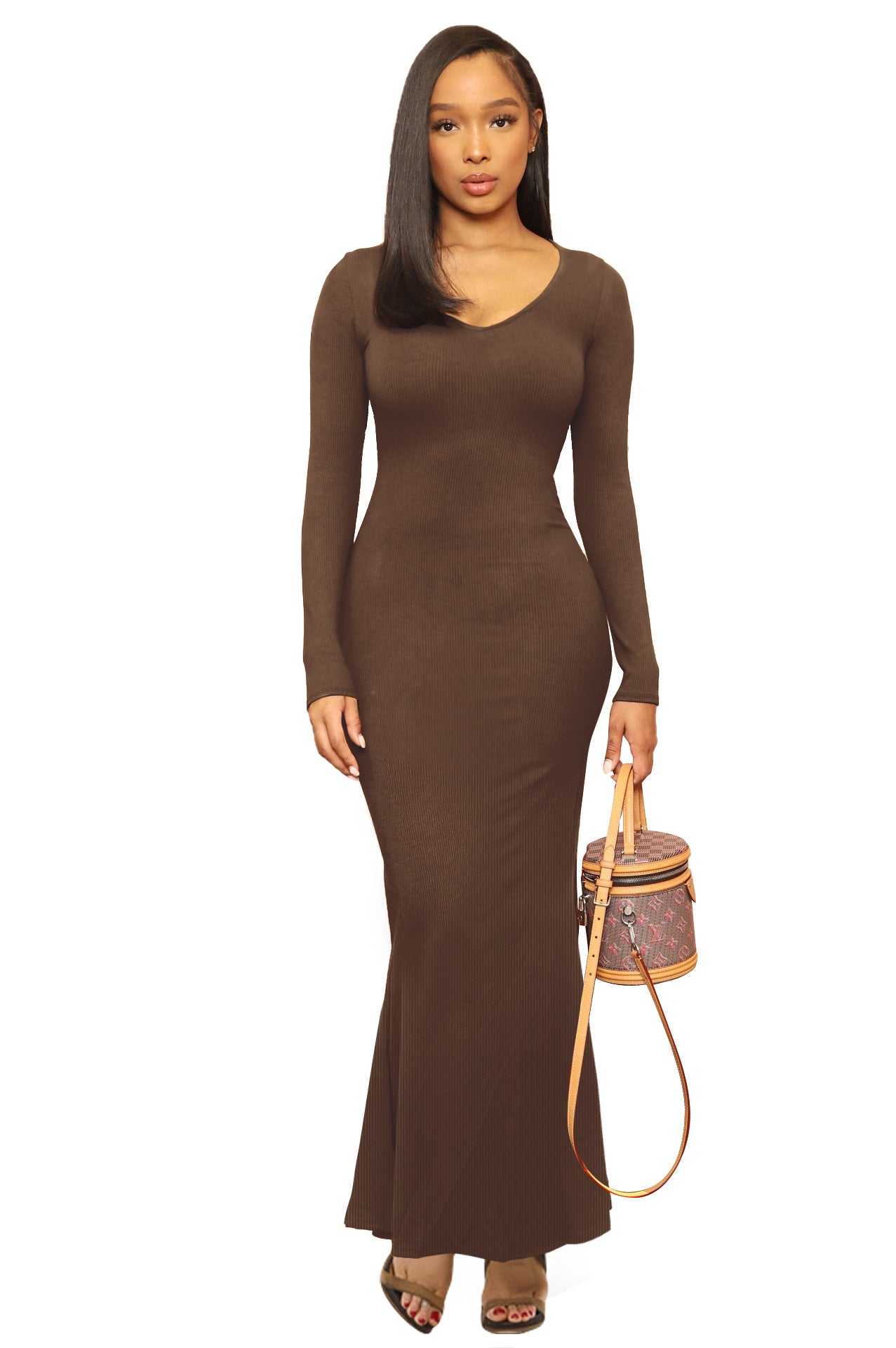 Brown Fashion Casual Solid Slit Turtleneck Long Sleeve Dresses