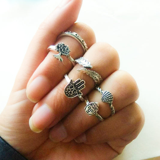 Life Tree Palm 6-Piece Ring Set Buddha Scallop Ring