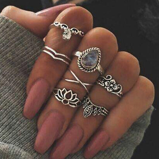 Hollow Out Flower Gem Geometry 7-Piece Ring Set