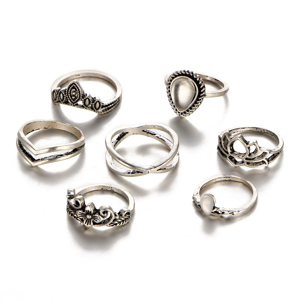 Hollow Out Flower Gem Geometry 7-Piece Ring Set