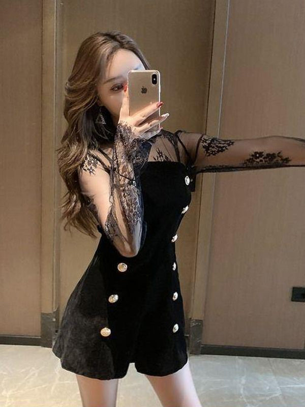 Mesh Top Velvet Romper Set