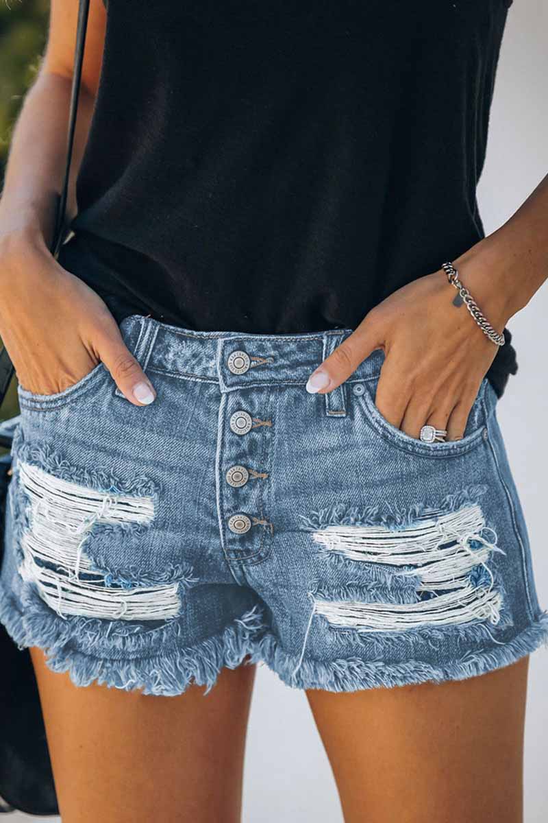 New Washed Frayed Mid-Waist Three-Point Denim Shorts