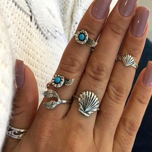 Ethnic Wind Shell Turquoise Leaves Set Of 5 Joint Rings