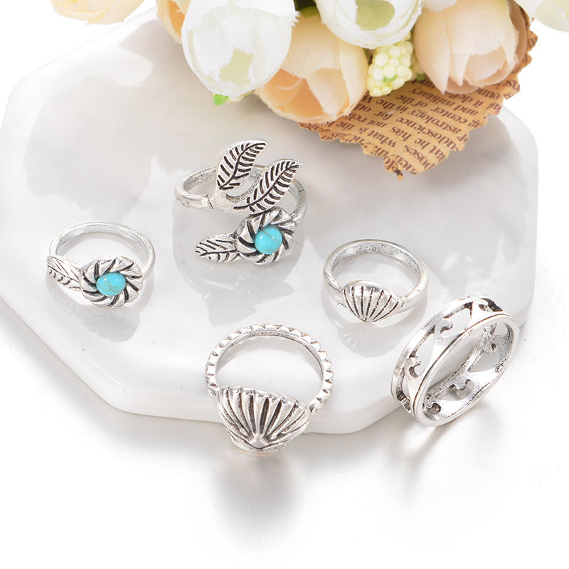 Ethnic Wind Shell Turquoise Leaves Set Of 5 Joint Rings