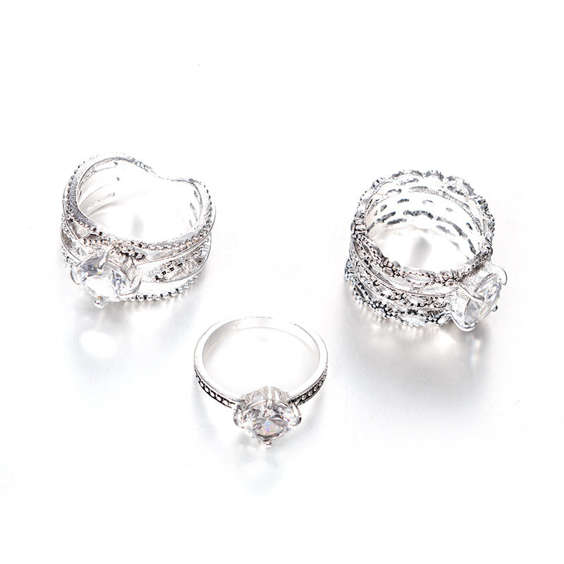 Beautiful Openwork Line Set With Crystal Large Gemstone Set 3-Piece Ring
