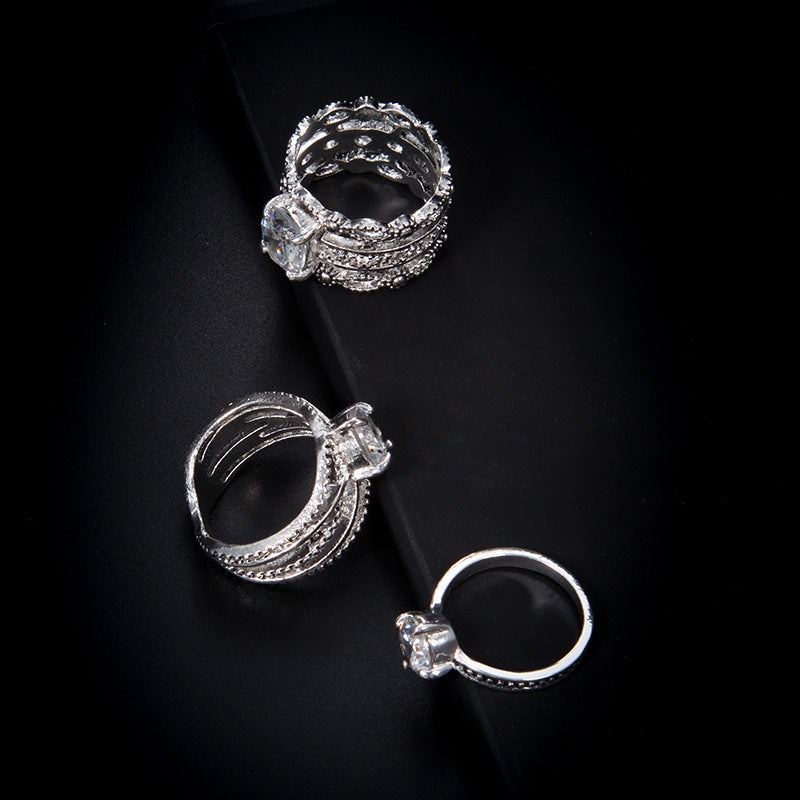 Beautiful Openwork Line Set With Crystal Large Gemstone Set 3-Piece Ring