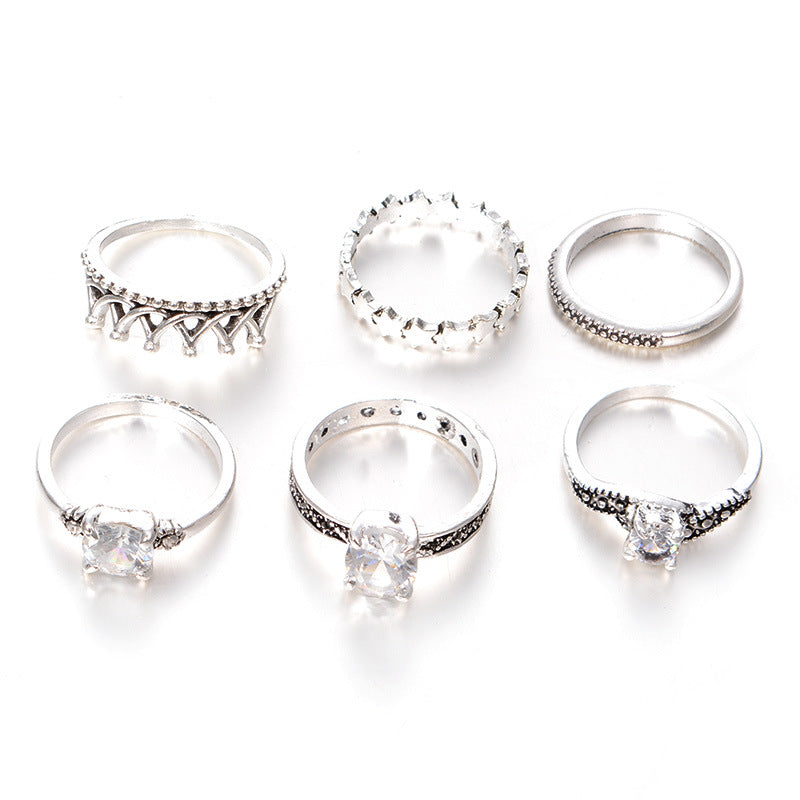 Alloy Ancient Silver Clip Zircon Crown Joint Ring Combination Set Of Six Rings