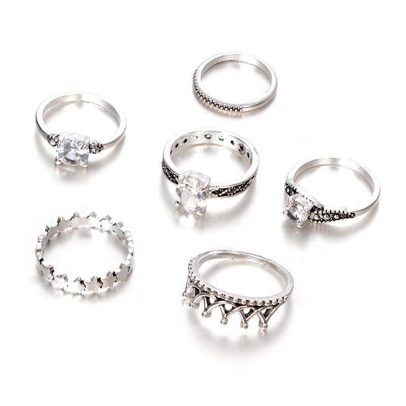 Alloy Ancient Silver Clip Zircon Crown Joint Ring Combination Set Of Six Rings