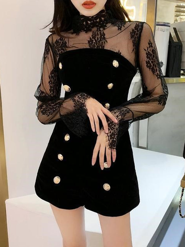 Mesh Top Velvet Romper Set