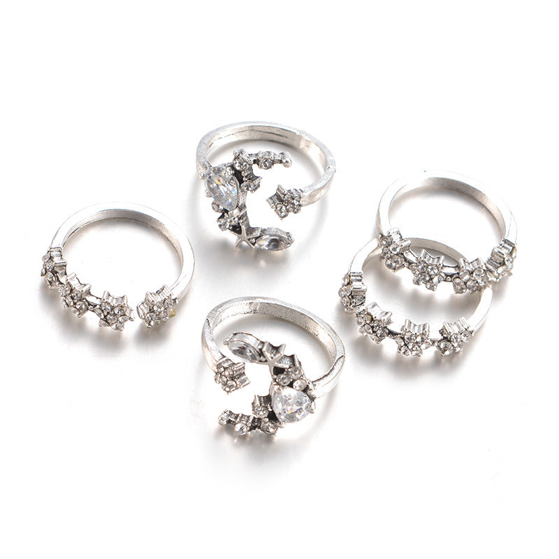 Bohemian 5-Piece Diamond Set Ring Women'S Wedding Festival Star Moon Crystal Ring