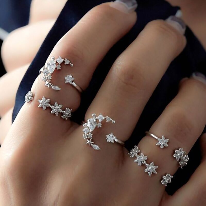 Bohemian 5-Piece Diamond Set Ring Women'S Wedding Festival Star Moon Crystal Ring