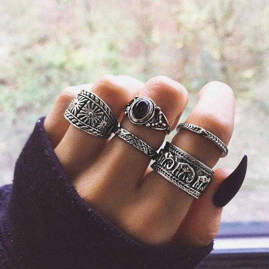 Joint Ring Bohemian Totem Black Gem 5-Piece Ring