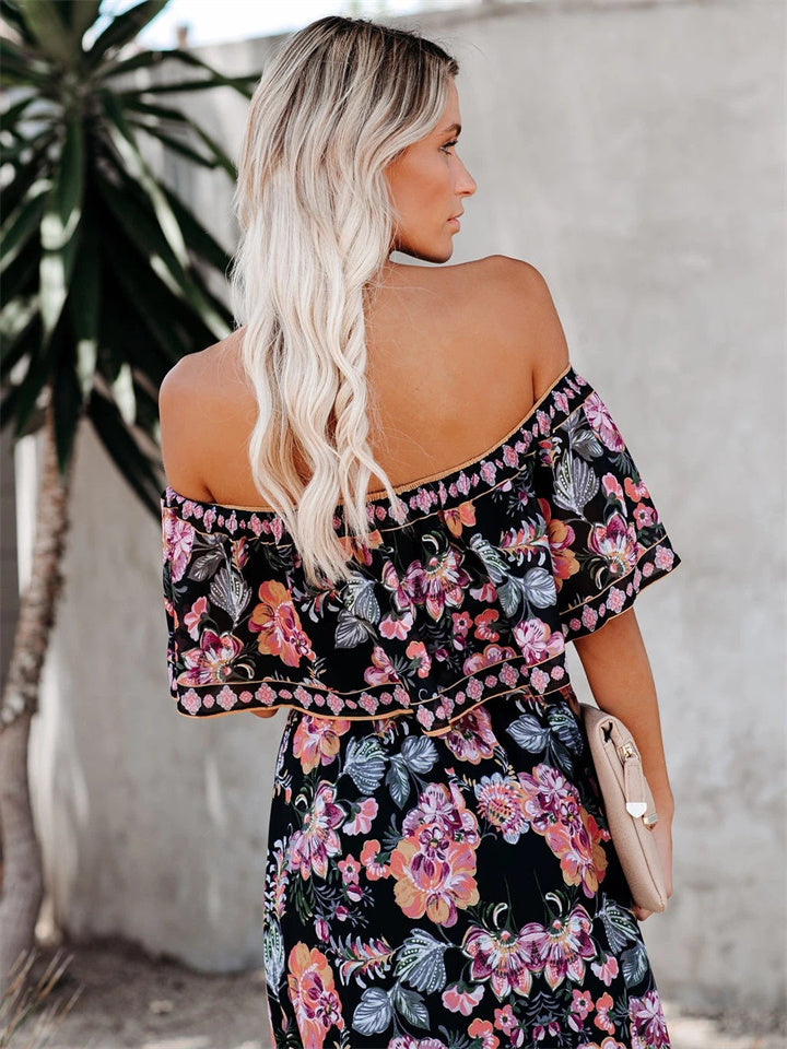 Summer New Off Shoulder Print Long Swing Dress Black Dresses