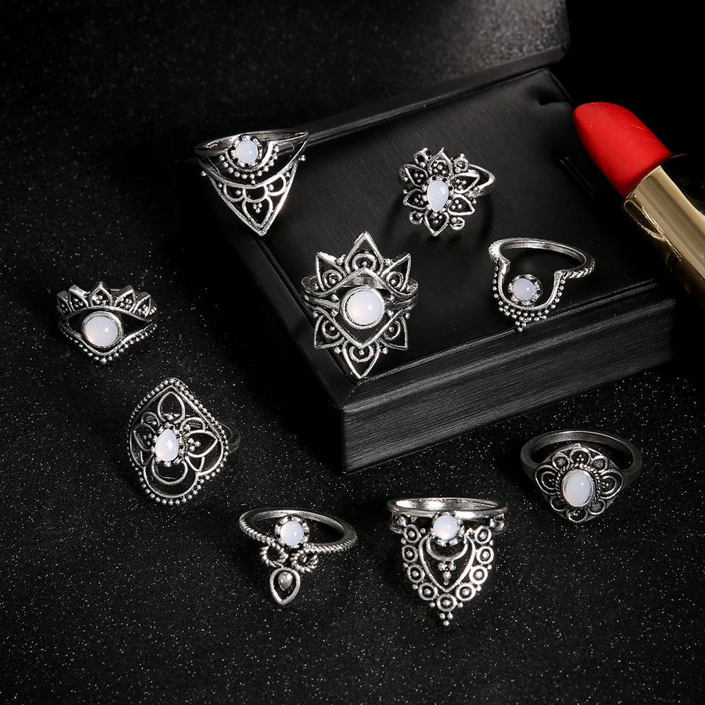 Diamond-Encrusted Crown Starry Gem Exaggerated 9-Piece Combination Set Ring