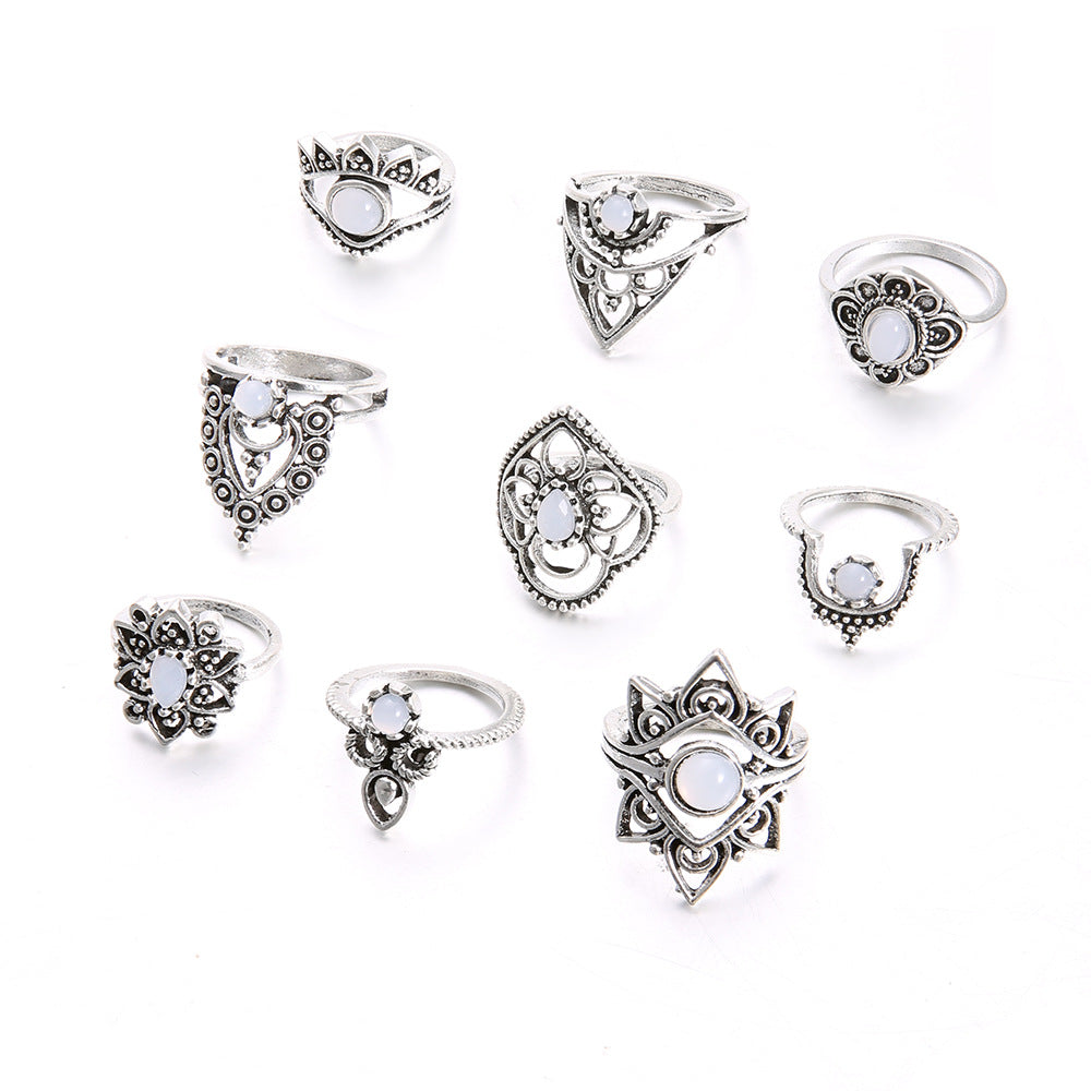 Diamond-Encrusted Crown Starry Gem Exaggerated 9-Piece Combination Set Ring