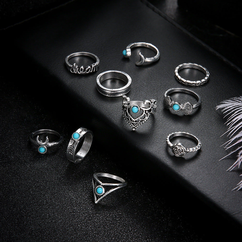 Crescent Turquoise Joint Ring Bohemian 10 Piece Set Set Ring