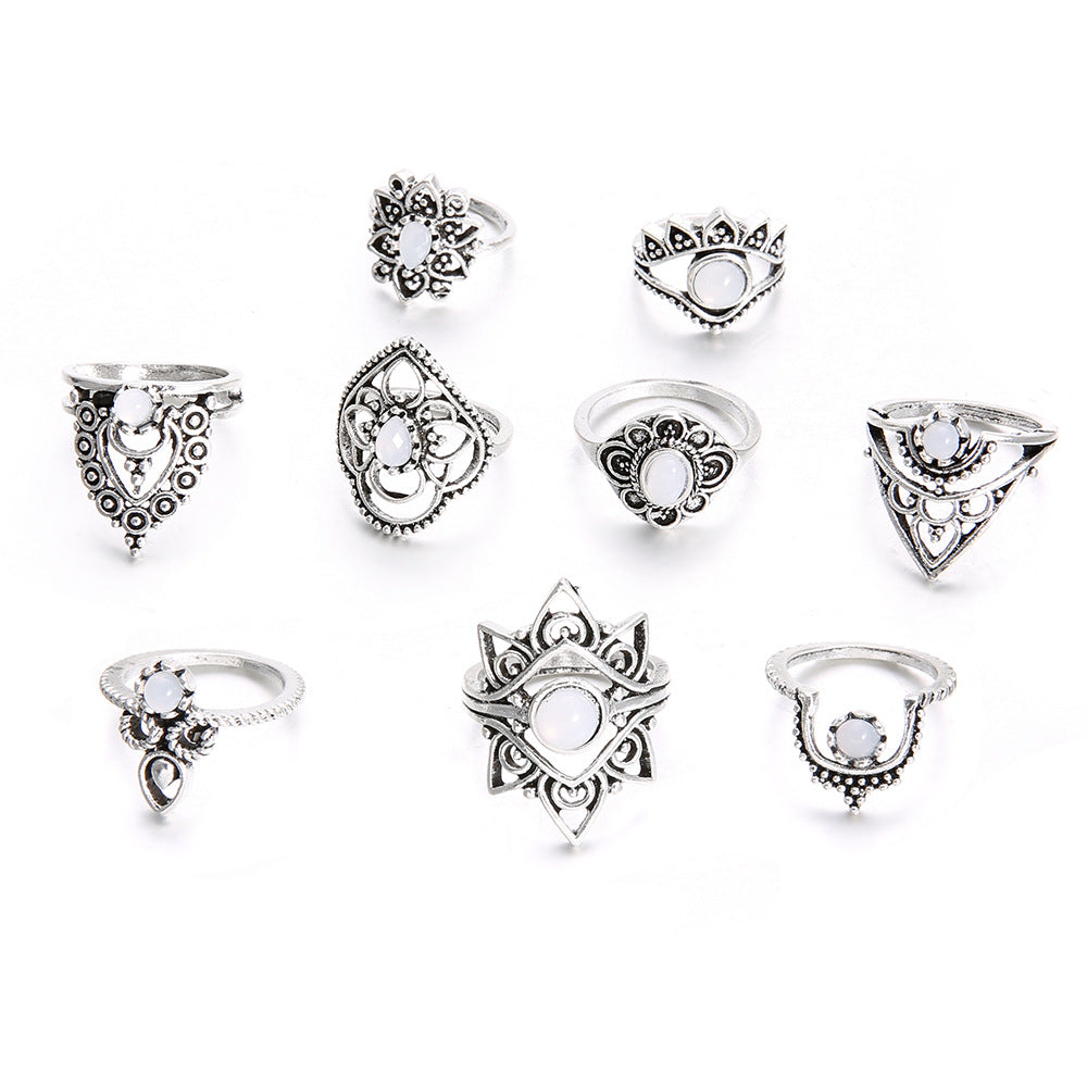 Diamond-Encrusted Crown Starry Gem Exaggerated 9-Piece Combination Set Ring