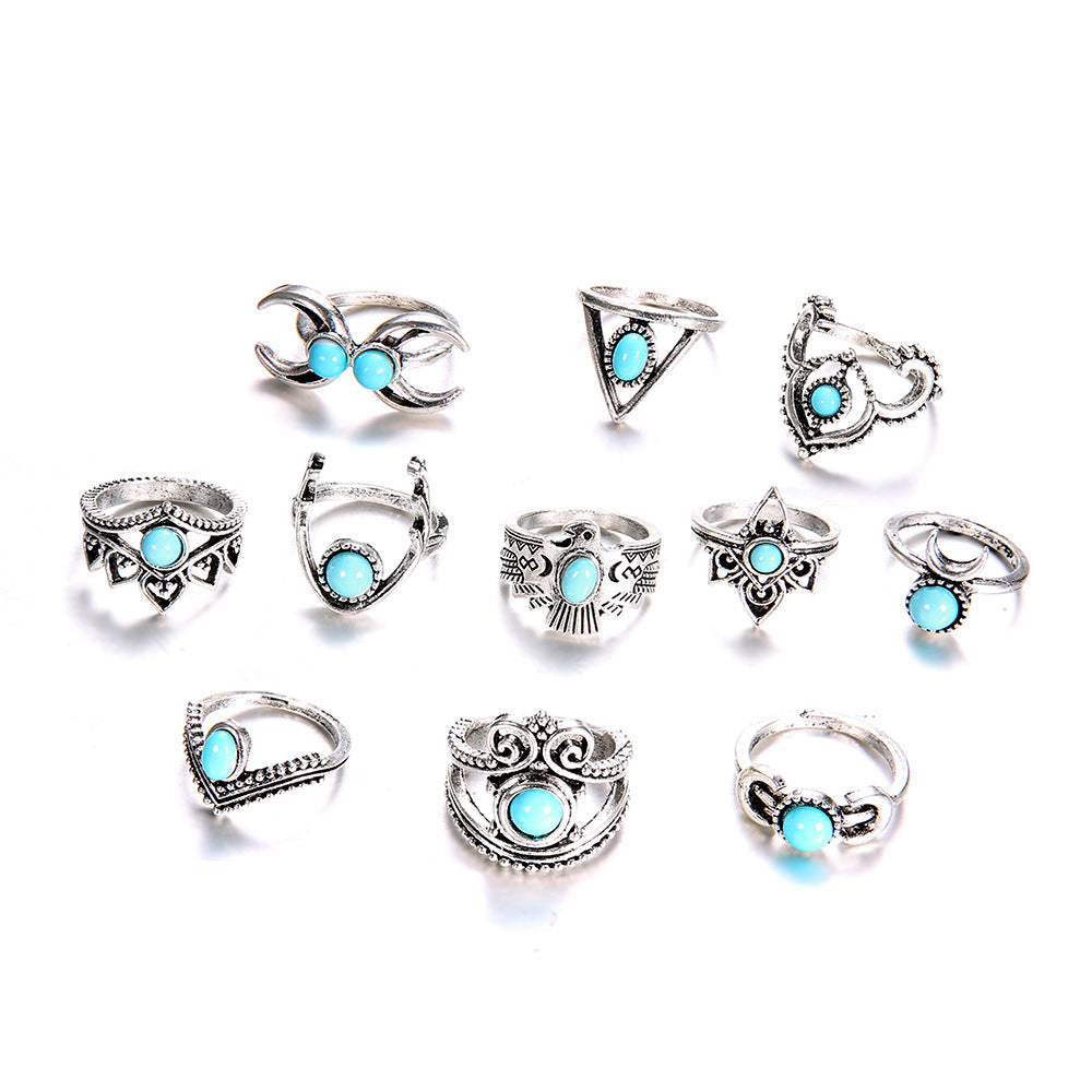 Exaggerated Turquoise Crescent Owl 11-Piece Alloy Set Ring