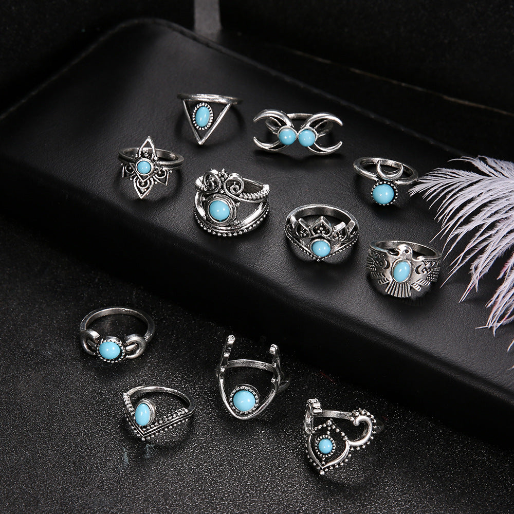 Exaggerated Turquoise Crescent Owl 11-Piece Alloy Set Ring