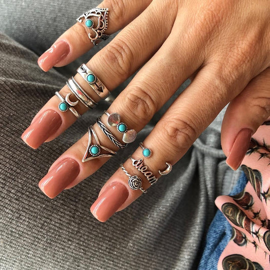 Crescent Turquoise Joint Ring Bohemian 10 Piece Set Set Ring