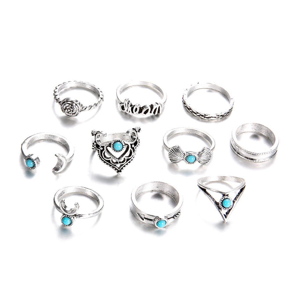 Crescent Turquoise Joint Ring Bohemian 10 Piece Set Set Ring