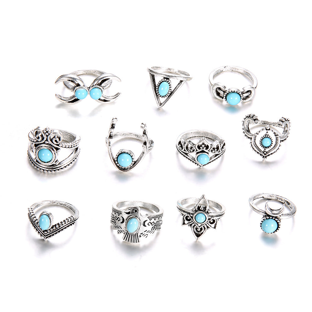 Exaggerated Turquoise Crescent Owl 11-Piece Alloy Set Ring